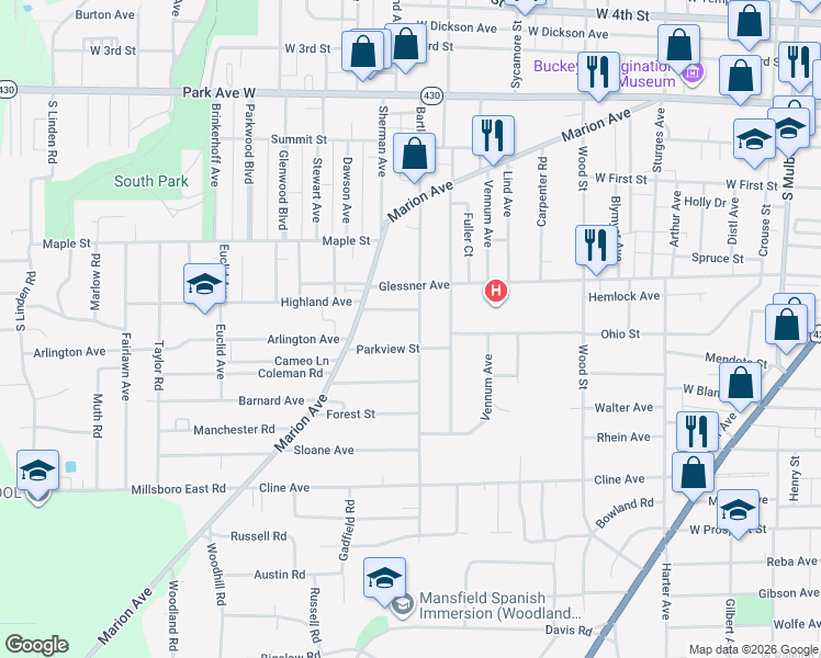map of restaurants, bars, coffee shops, grocery stores, and more near 248 Bartley Ave in Mansfield