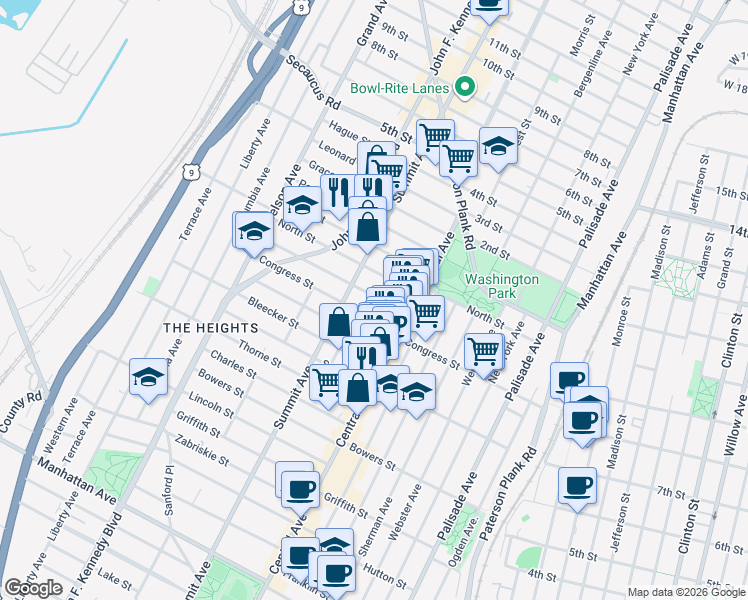 map of restaurants, bars, coffee shops, grocery stores, and more near 41 Graham Street in Jersey City
