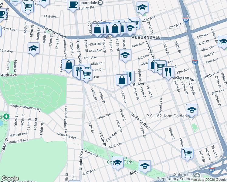 map of restaurants, bars, coffee shops, grocery stores, and more near 192-21 Hollis Court Boulevard in Queens