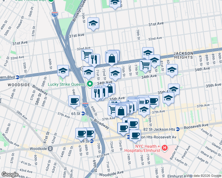 map of restaurants, bars, coffee shops, grocery stores, and more near 34-29 73rd Street in Queens