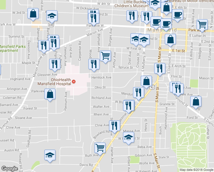 map of restaurants, bars, coffee shops, grocery stores, and more near 210 Ohio Street in Mansfield