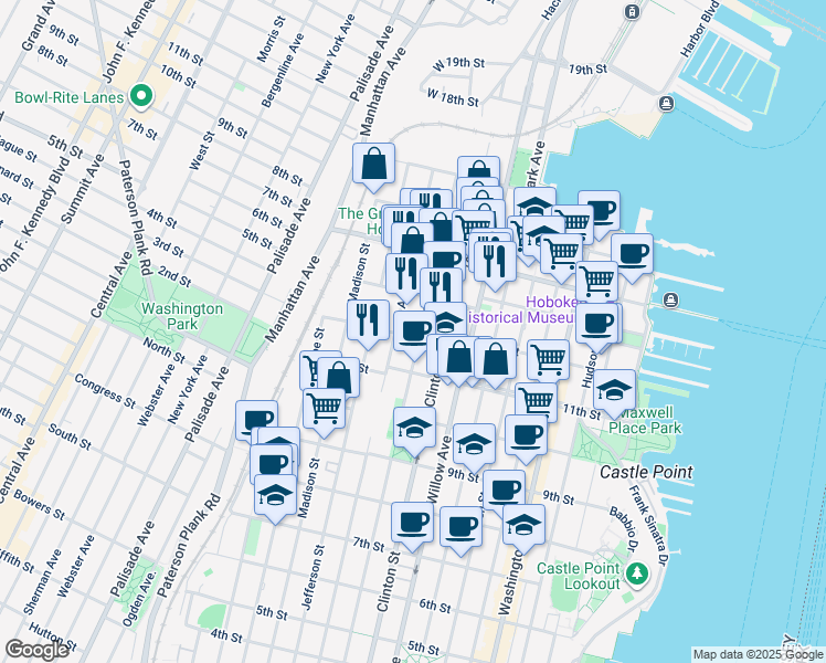 map of restaurants, bars, coffee shops, grocery stores, and more near 1130 Grand Street in Hoboken