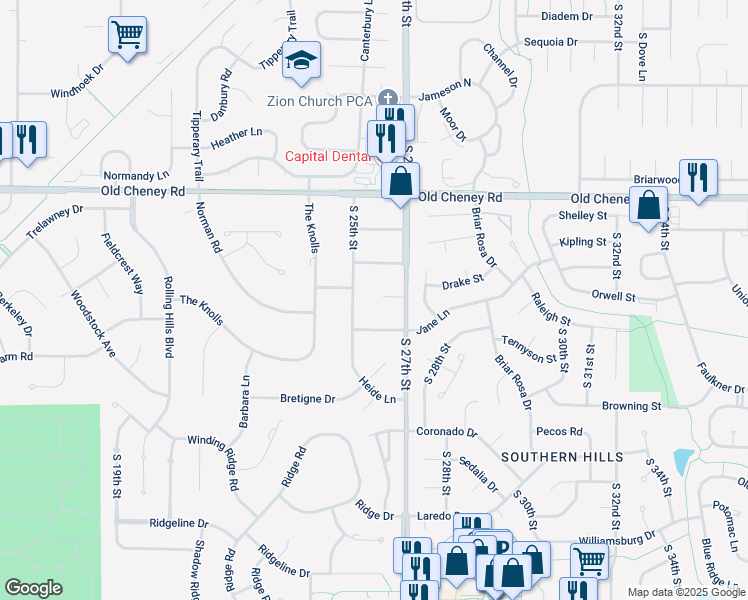 map of restaurants, bars, coffee shops, grocery stores, and more near 2501 Norman Circle in Lincoln