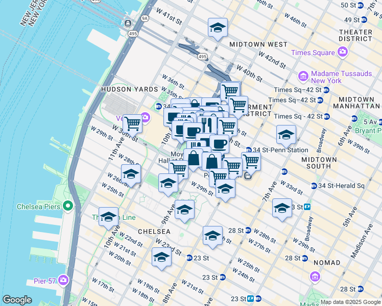 map of restaurants, bars, coffee shops, grocery stores, and more near 389 9th Avenue in New York