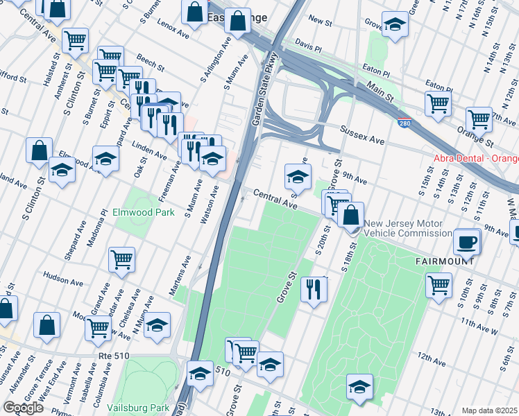map of restaurants, bars, coffee shops, grocery stores, and more near 4 Hawthorne Place in East Orange