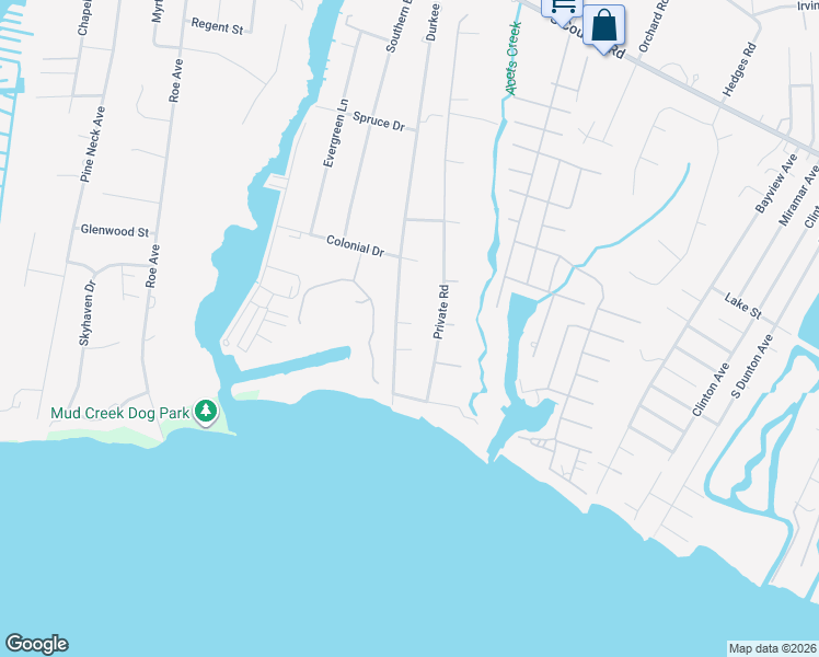 map of restaurants, bars, coffee shops, grocery stores, and more near 293 Durkee Lane in East Patchogue