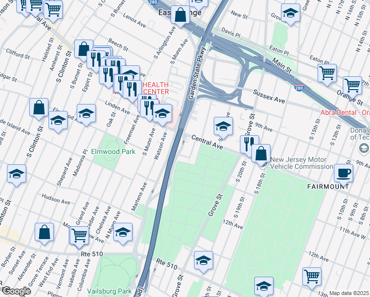 map of restaurants, bars, coffee shops, grocery stores, and more near 12 Birchwood Avenue in East Orange