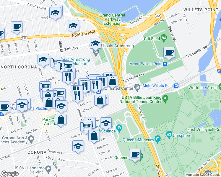 map of restaurants, bars, coffee shops, grocery stores, and more near 112-22 Roosevelt Avenue in Queens