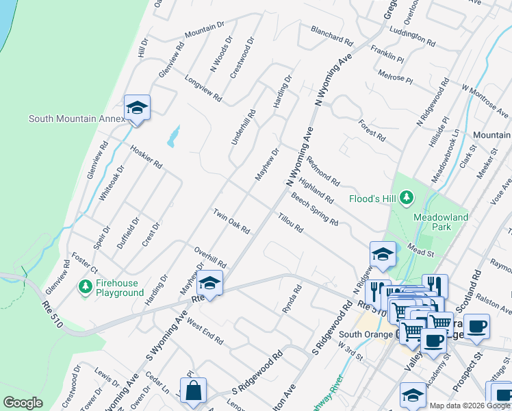 map of restaurants, bars, coffee shops, grocery stores, and more near 418 Tillou Road in South Orange
