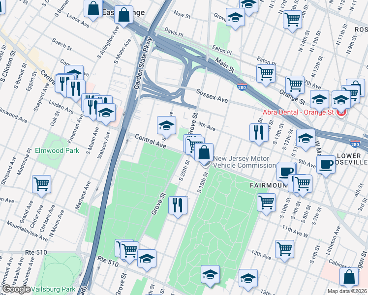 map of restaurants, bars, coffee shops, grocery stores, and more near 100 Central Ave in East Orange