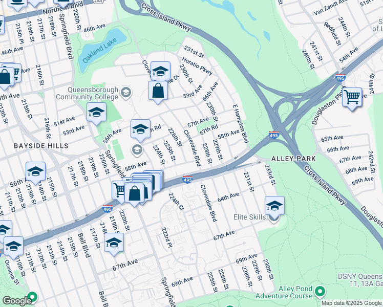 map of restaurants, bars, coffee shops, grocery stores, and more near 57-54 Cloverdale Boulevard in Queens