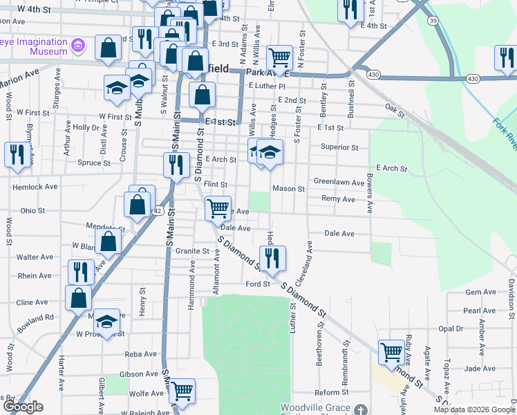 map of restaurants, bars, coffee shops, grocery stores, and more near 185 Home Avenue in Mansfield