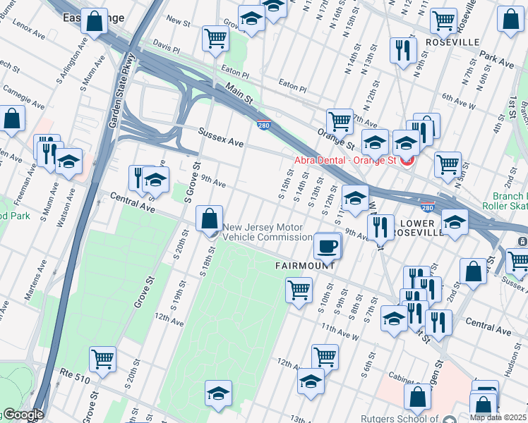 map of restaurants, bars, coffee shops, grocery stores, and more near 78 South 16th Street in East Orange