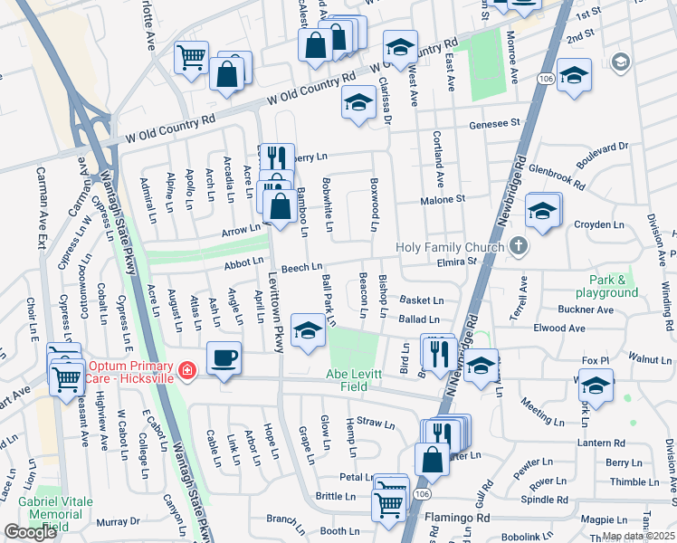map of restaurants, bars, coffee shops, grocery stores, and more near 40 Beech Lane in Hicksville