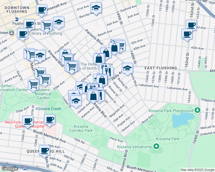 map of restaurants, bars, coffee shops, grocery stores, and more near 46-06 Bowne Street in Queens