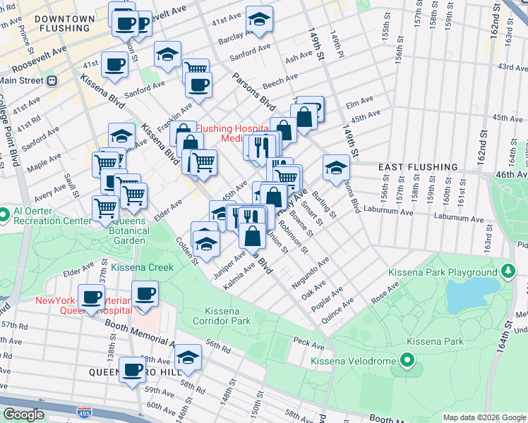 map of restaurants, bars, coffee shops, grocery stores, and more near 4556 Robinson Street in Queens