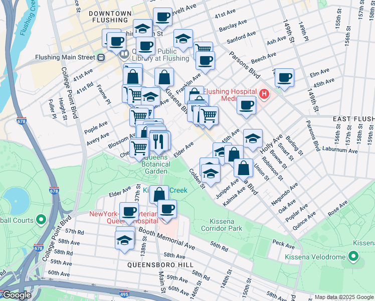 map of restaurants, bars, coffee shops, grocery stores, and more near 138-01 Elder Avenue in Queens