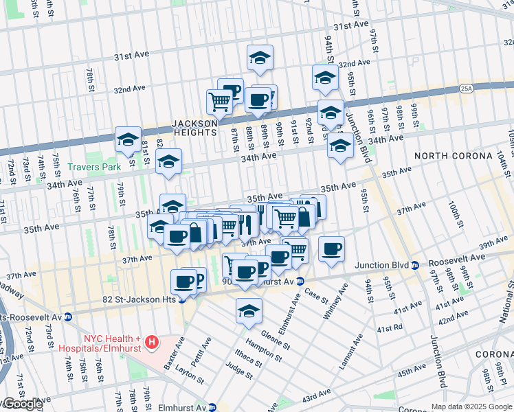 map of restaurants, bars, coffee shops, grocery stores, and more near 35-06 88th Street in Queens