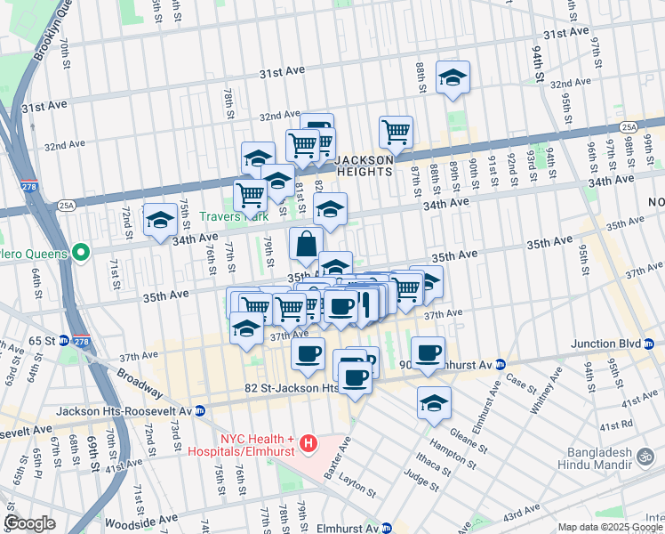 map of restaurants, bars, coffee shops, grocery stores, and more near 8215 35th Avenue in Queens
