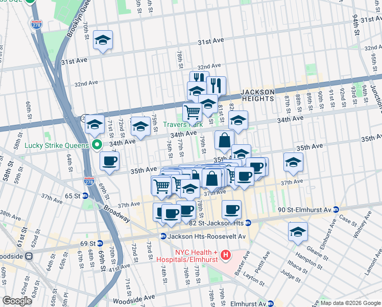 map of restaurants, bars, coffee shops, grocery stores, and more near 34-40 78th Street in Queens