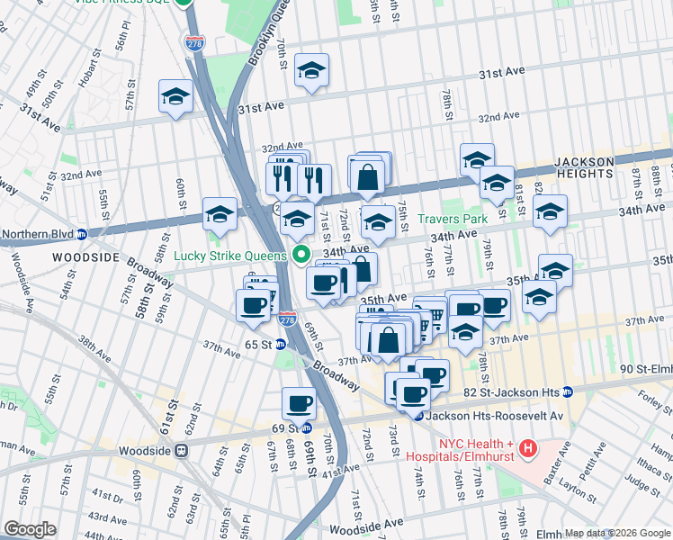map of restaurants, bars, coffee shops, grocery stores, and more near 34-24 72nd Street in Queens