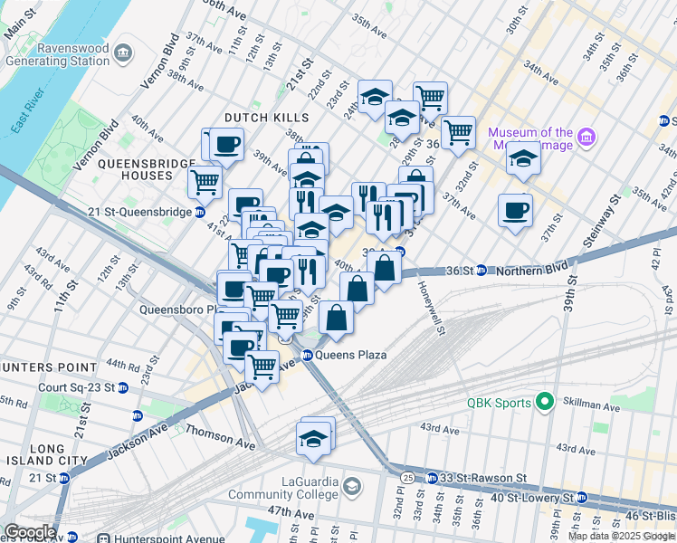 map of restaurants, bars, coffee shops, grocery stores, and more near 29-16 40th Avenue in Queens