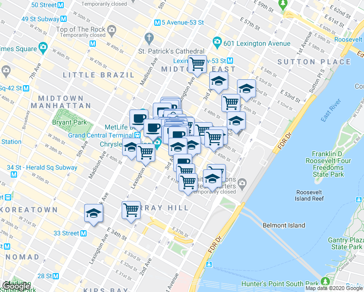 map of restaurants, bars, coffee shops, grocery stores, and more near in New York