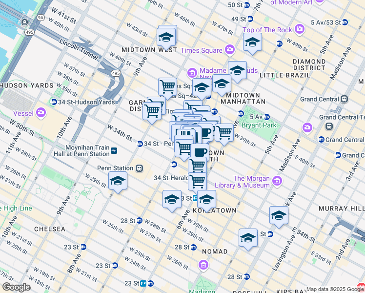 map of restaurants, bars, coffee shops, grocery stores, and more near 481-499 Fashion Avenue in New York