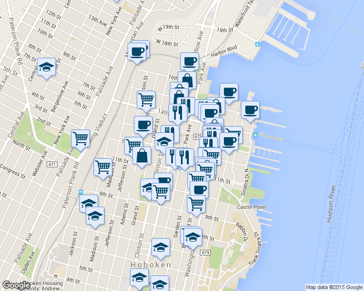 map of restaurants, bars, coffee shops, grocery stores, and more near 1208 Park Avenue in Hoboken