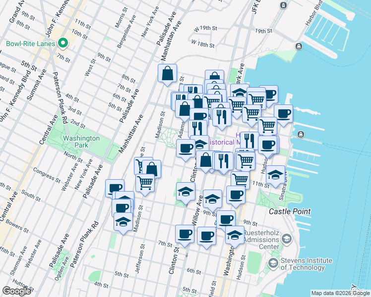 map of restaurants, bars, coffee shops, grocery stores, and more near 1130 Grand Street in Hoboken