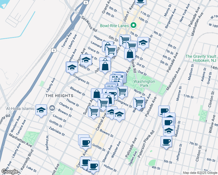 map of restaurants, bars, coffee shops, grocery stores, and more near 14 Graham Street in Jersey City