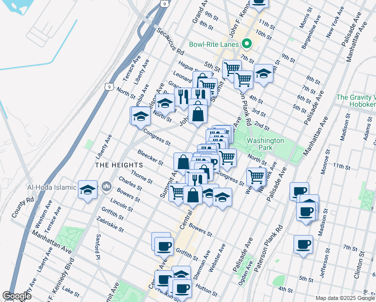 map of restaurants, bars, coffee shops, grocery stores, and more near 41 Graham Street in Jersey City