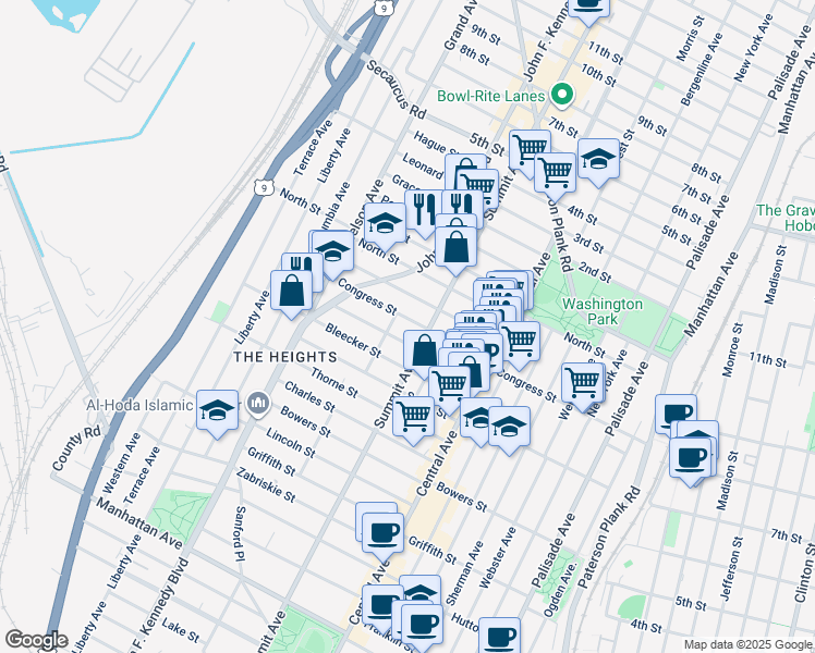 map of restaurants, bars, coffee shops, grocery stores, and more near 181 Congress Street in Jersey City