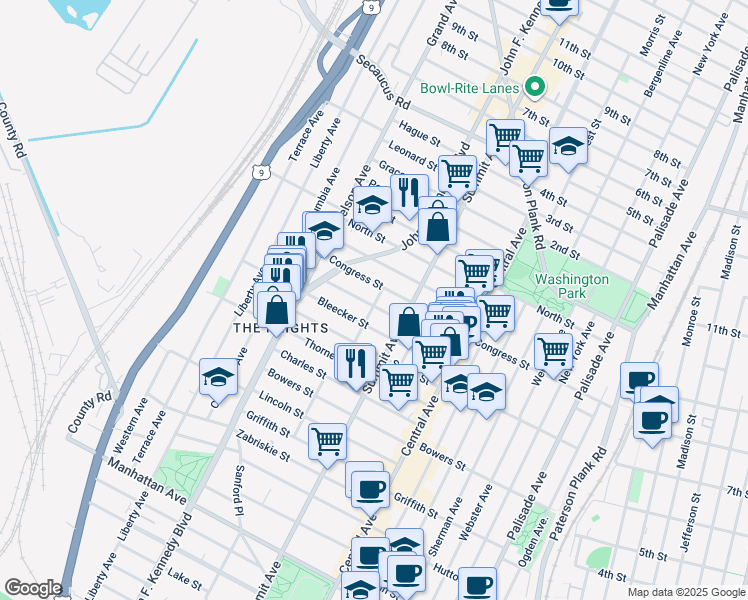 map of restaurants, bars, coffee shops, grocery stores, and more near 86 Paterson Street in Jersey City