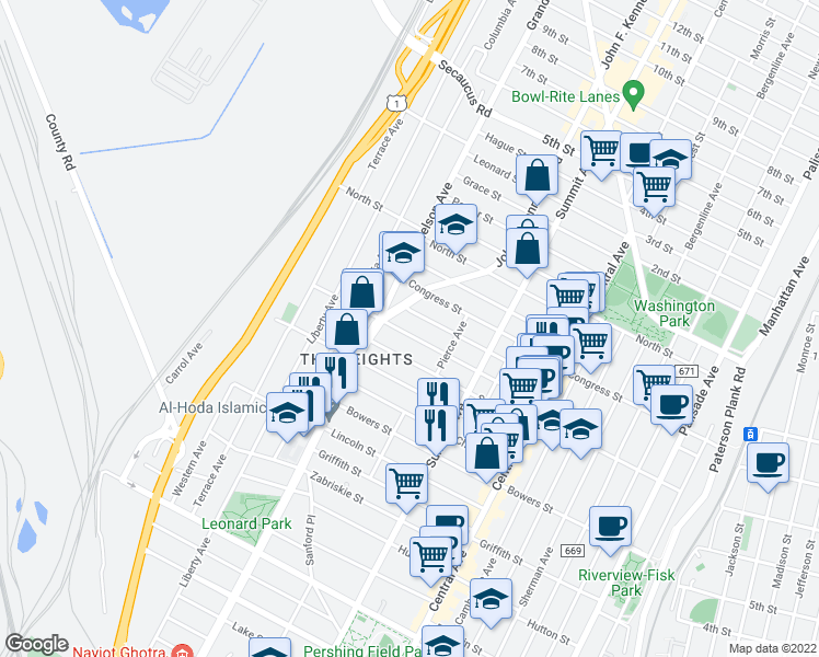 map of restaurants, bars, coffee shops, grocery stores, and more near 116 Bleecker Street in Jersey City
