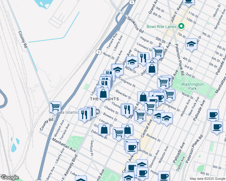 map of restaurants, bars, coffee shops, grocery stores, and more near 3523 John F. Kennedy Boulevard in Jersey City