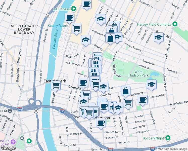map of restaurants, bars, coffee shops, grocery stores, and more near 701 Frank E Rodgers Boulevard North in Harrison