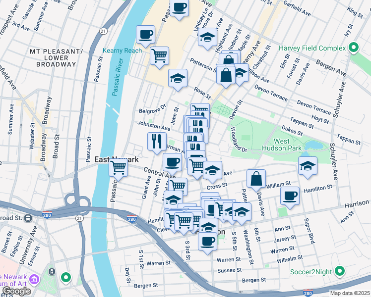 map of restaurants, bars, coffee shops, grocery stores, and more near 44 Sherman Avenue in East Newark