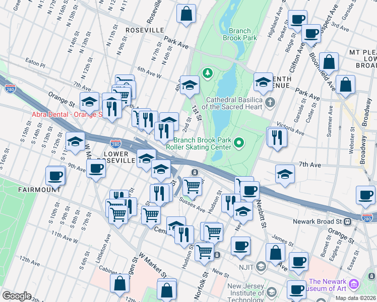 map of restaurants, bars, coffee shops, grocery stores, and more near 182 1st Street in Newark