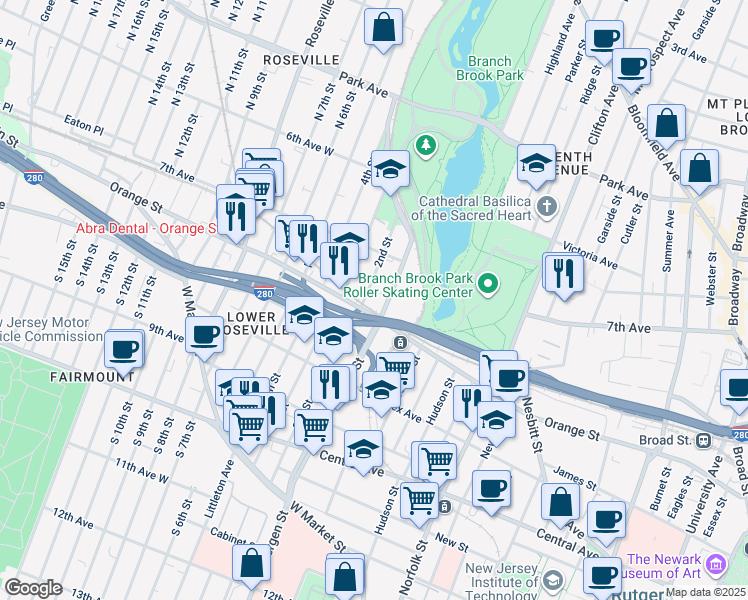 map of restaurants, bars, coffee shops, grocery stores, and more near 182 1st Street in Newark