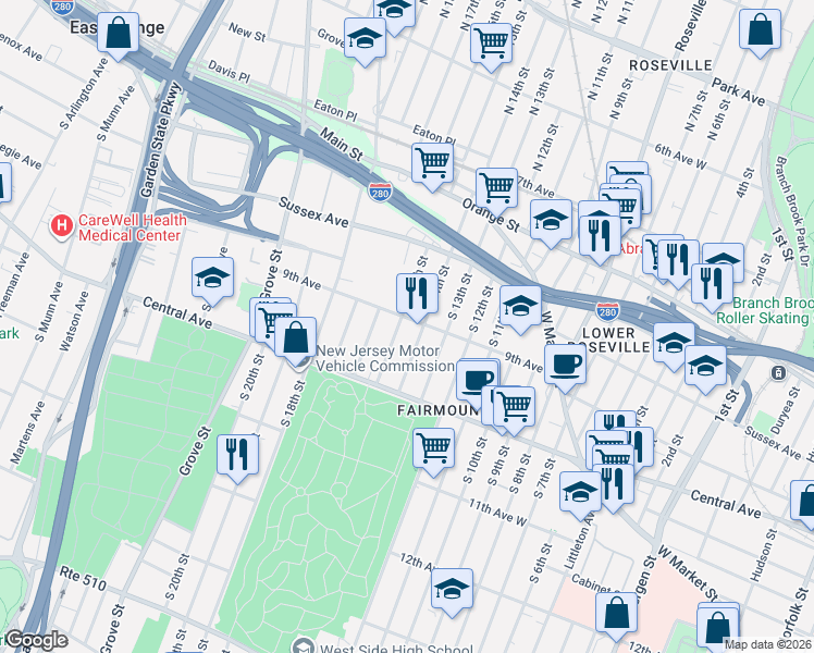 map of restaurants, bars, coffee shops, grocery stores, and more near in Newark