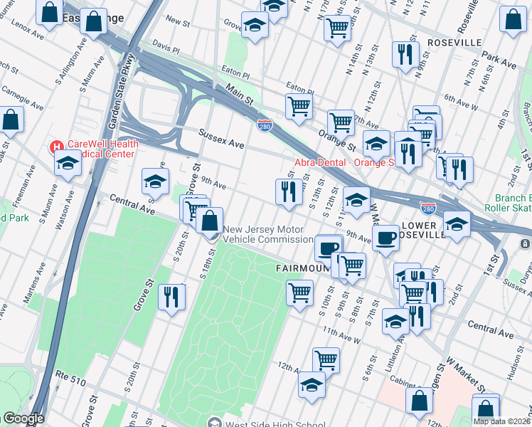 map of restaurants, bars, coffee shops, grocery stores, and more near 78 South 16th Street in East Orange