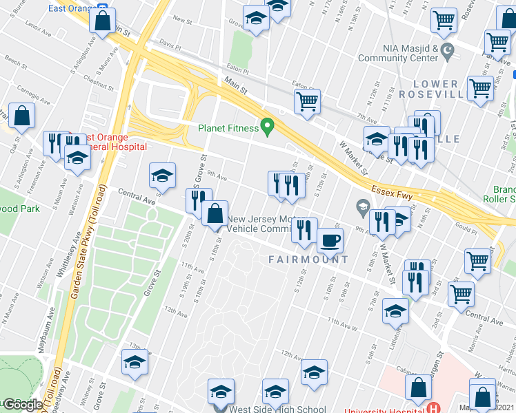 map of restaurants, bars, coffee shops, grocery stores, and more near 24 South 17th Street in East Orange