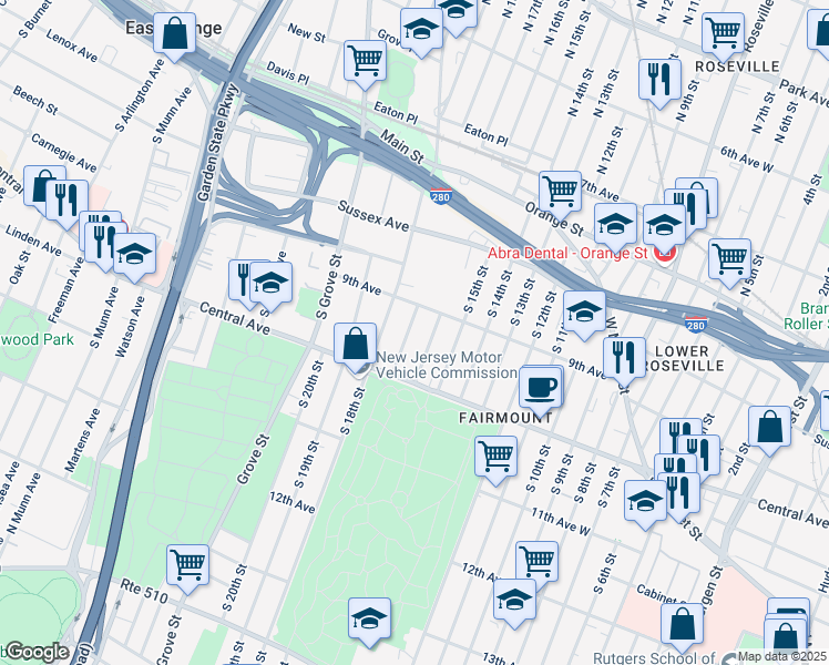map of restaurants, bars, coffee shops, grocery stores, and more near 24 South 17th Street in East Orange
