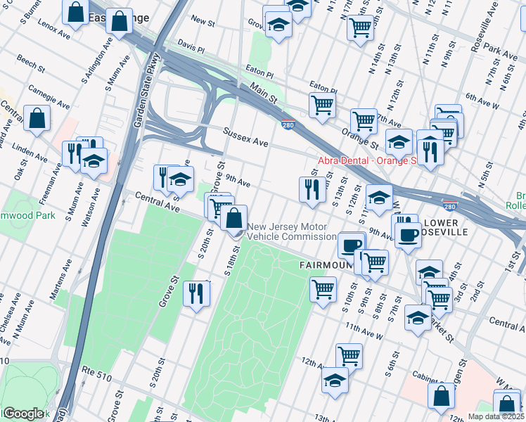 map of restaurants, bars, coffee shops, grocery stores, and more near 24 South 17th Street in East Orange