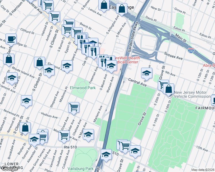map of restaurants, bars, coffee shops, grocery stores, and more near 36 Watson Avenue in East Orange
