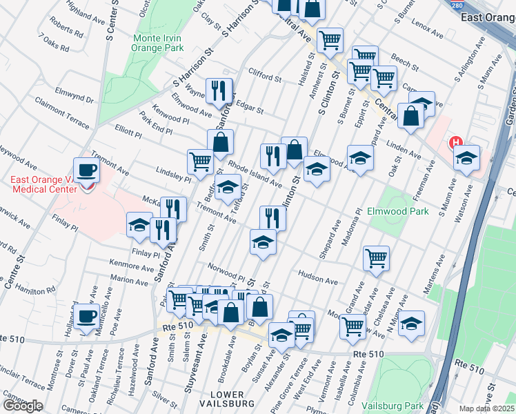 map of restaurants, bars, coffee shops, grocery stores, and more near 453 Halsted Street in East Orange