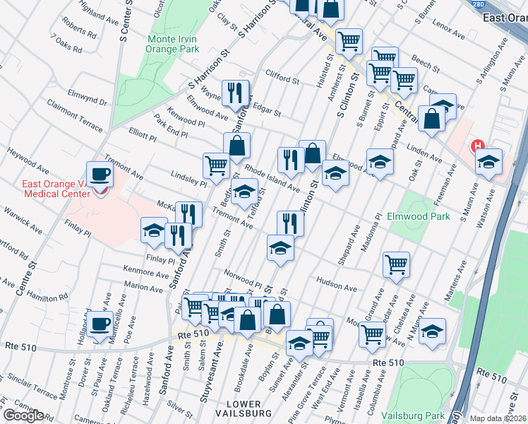 map of restaurants, bars, coffee shops, grocery stores, and more near 453 Halsted Street in East Orange