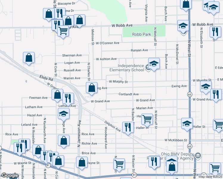 map of restaurants, bars, coffee shops, grocery stores, and more near 779 Ewing Avenue in Lima