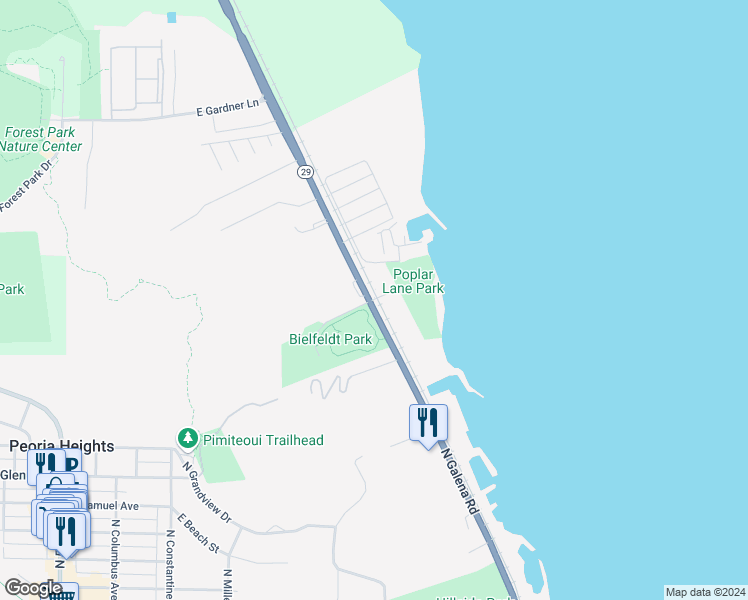 map of restaurants, bars, coffee shops, grocery stores, and more near 2201-2213 East Poplar Lane in Peoria Heights